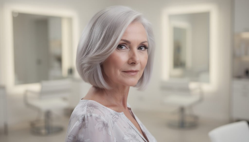 Elegant Evening Hairstyles for Moms and Mothers-in-Law: Trends 2026 and Appointments in Corfu 5 Elegant woman with a modern chic bob hairstyle, ideal for modern hairstyles for women over 50 and mother-in-law hairstyles for weddings, from Scissors by Effi hair salon in Corfu