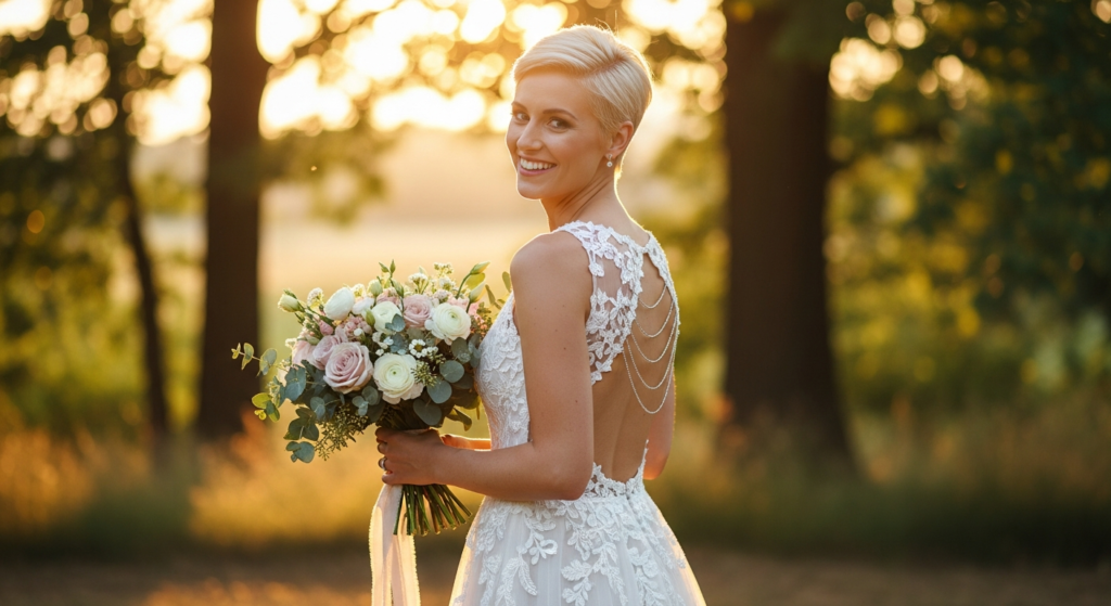Wedding Bob Hairstyles: The Complete Guide for Brides with Short Hair 2 Bride with impressive bridal hairstyle for short hair (pixie cut) without extensions, smiles in Corfu, highlighting her natural beauty for the wedding
