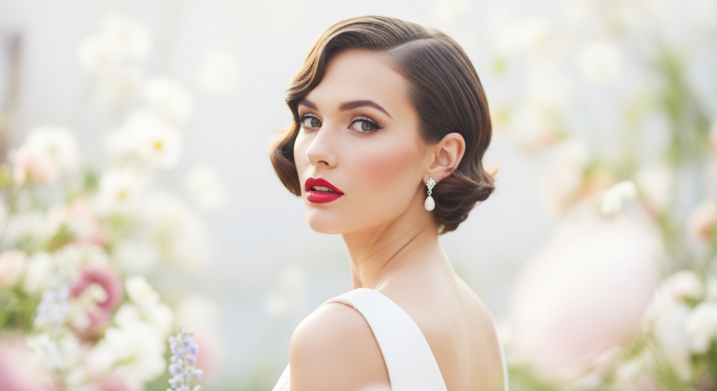 Wedding Bob Hairstyles: The Complete Guide for Brides with Short Hair 1 Elegant bride with a vintage bridal hairstyle for short hair, highlighting the beauty of a wedding hairstyle in a square of wool. The modern square highlights the bride of Corfu