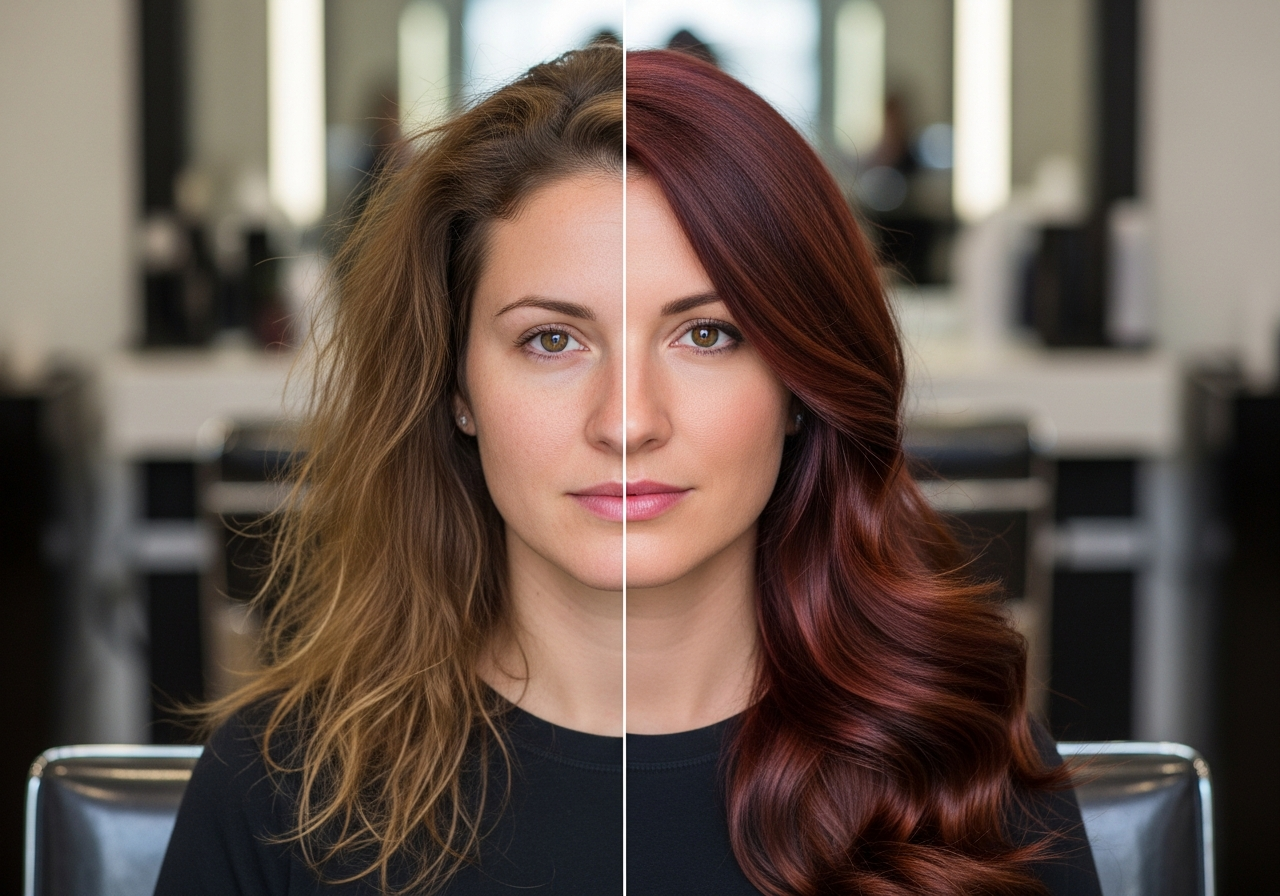 Woman before and after changing her hair color, highlighting the importance of hair dye consultation and the right dyeing tips from the Scissors by Effi team